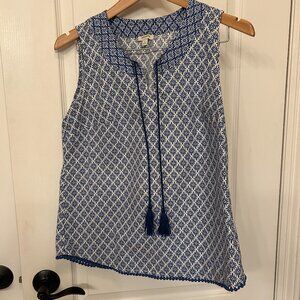 Talbots Sleeveless Blue and White Shirt Size Small 100% Cotton with Tassels